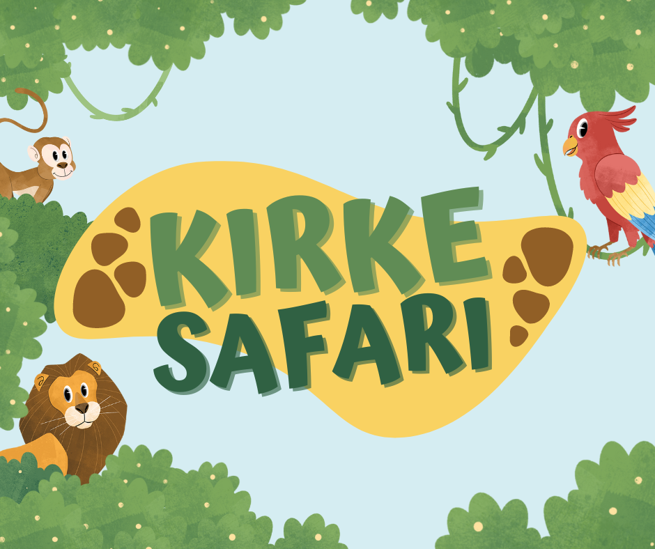 Bilde med teksten kirkesafari omringet av dyr og blader